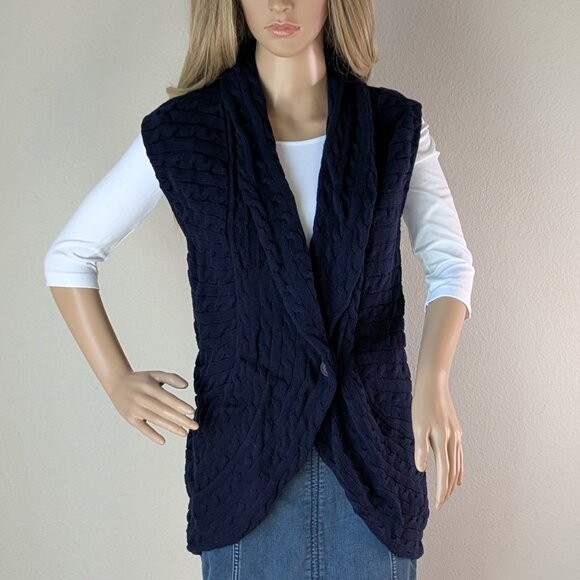 Tommy Hilfiger Knit Vest Navy Blue Cotton Long Shrug Sleeveless Size Large - Picture 1 of 15